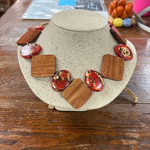 Tagua Red Bead and Diamond Wood Necklace - Picture 1 of 4